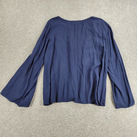 Abercrombie & Fitch Womens Boho Top M Blue Embroidery Tie Flowy Sleeves Keyhole - Picture 4 of 12